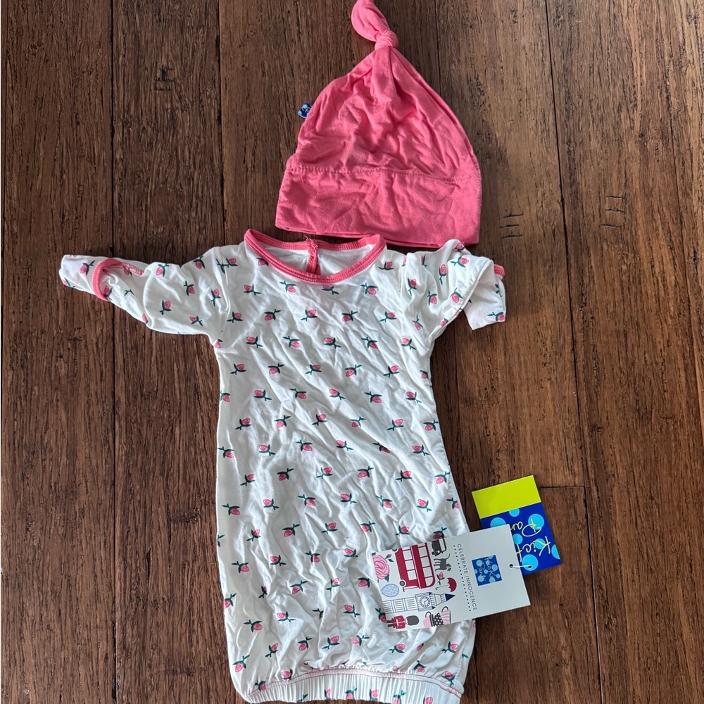Kickee Pants NB sleep gown and hat set - natural rose bud